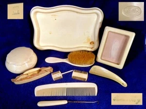 Antique VICTORIAN Dresser VANITY Set CELLULOID Tray JAR Picture FRAME Brush COMB - Picture 1 of 12