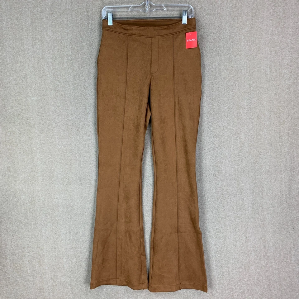 SPANX Faux Suede Flare Pants Size Medium M 28x33 Caramel Seamed Pull-on Shaping