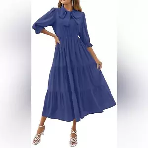 2025 Tie V Neck Elastic High Waist Solid Color Flowy Tiered A Line Maxi Dress S - Picture 1 of 7