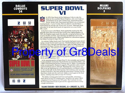 SUPER BOWL 6 COWBOYS DOLPHINS Official NFL 22 KT GOLD SB VI TICKET Willabee Ward Cover