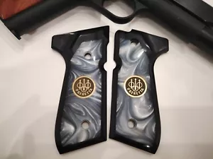 Beretta 92 fs Grips,Gold Metal Medallion,White Pearl,Black wood,Fits 92 Series - Picture 1 of 3