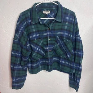 Ci Sono Size Large Oversize Crop Fleece Flannel Top Long Sleeve Plaid Blue Green - Picture 1 of 7