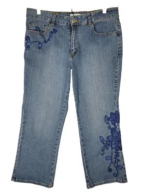 Capris para mujer Coldwater Creek talla 14 azul denim bordado usado en excelente estado Foto 1 de 4