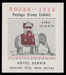 1972 SOJEX STAMP SHOW LABEL - LUCY THE MARGATE ELEPHANT - Imagen 1 de 1