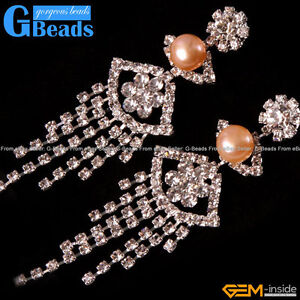 Earrings For Women 8mm Freshwater Pearl Eye Gold Plated Rhinestone Dangle Stud