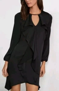 NWT BCBG MAXAZRIA SIZE L Satin Black Ruffle Long Sleeve Mini Shift Dress $198 - Picture 1 of 7