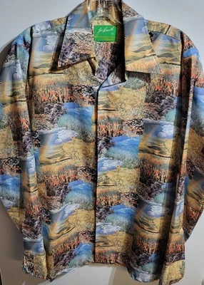 Vintage 70s Joe Namath By Arrow Scenic Motif Shirt Mens M Rainbow Nature - Image 1 of 2
