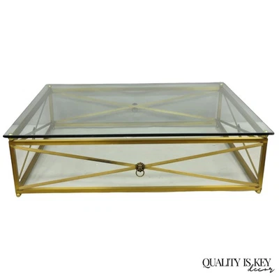 Large Regency Style Burnished Brass Rectangular Glass Top Coffee Table w/ Lions - Image 1 of 4