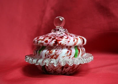 Antique Cased & Blown Cranberry Spatter Glass Lidded Candy Dish w Rigaree Ruffle - Image 1 of 4