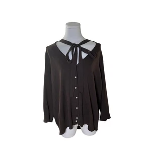 Lane Bryant 22-24 Brown Silk Blend Cardigan Pearl Button Bow Neck Romantic - Picture 1 of 13