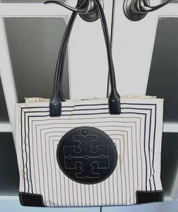 Tory Burch Ella Logo Printed Tote Bag Large Nylon Box Stripe Shopper Good Condit - Picture 1 of 24
