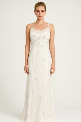 SCALA Ivory White Beaded Appliqué Silk Wedding Gown Bridal Dress M 8/10 Y2K 90’s - Image 1 of 4