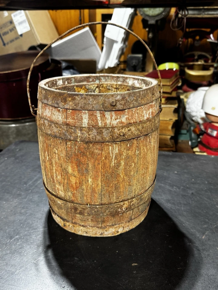 Rare Vintage Antique Lg Size 10" Wooden Wood Paint Pail Barrel Bucket - Image 1 of 4