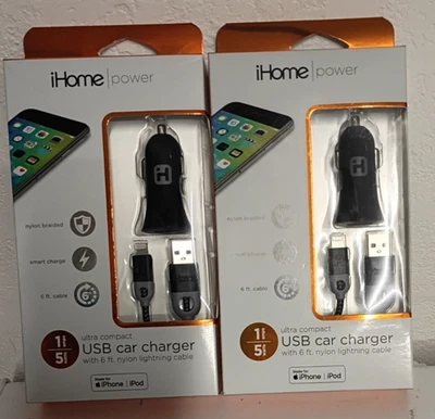 2X - iHome 5W-1 amp USB-C Car Charger + 6ft Cable for iPhone - FREE SHIPPING!! - Image 1 of 4