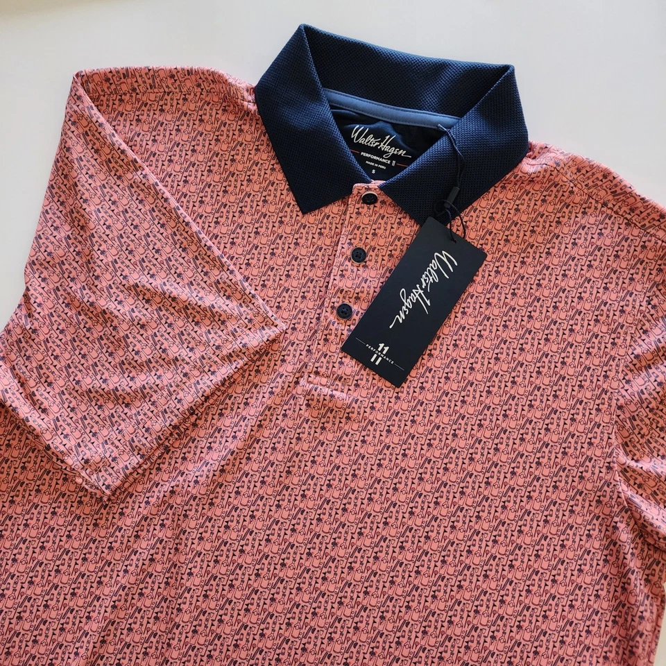 Walter Hagen Performance P11 Bloody Mary Coral 印花高尔夫 Polo 衫男式 S 码 — 第 1/4 张图片