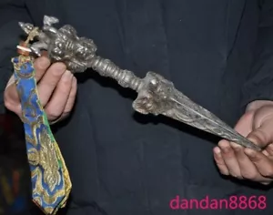 12" Vecchio Buddismo Tibetano Meteorite Ferro Tiantie Mahakala Vajra Phurpa Pugnale FaQi - Foto 1 di 15