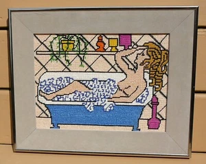 Girl in a bathtub handmade needlepoint, silver metal frame. Vintage 1980s. - Bild 1 von 1