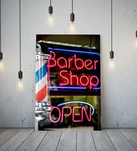 NEON SIGN BARBER SHOP - DEEP FRAMED CANVAS WALL ART PICTURE PRINT- BLUE RED - Picture 1 of 3