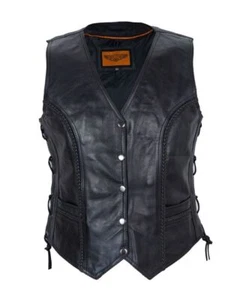 Black Women's Leather Motorcycle Biker Braided & Side Laces Gun Pocket Vest - Picture 1 of 5