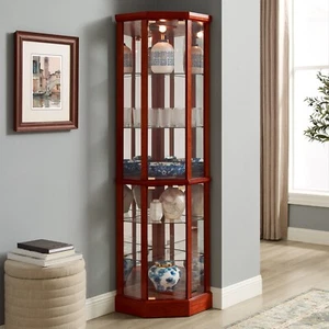 Classic 6 Tier Lighted Corner Curio Display Cabinet with Glass Doors Shelves - Picture 1 of 46
