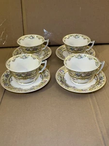 (4) Syracuse China Old Ivory Rose Marie Footed Cup & Saucer 8oz Floral & Scrolls - Picture 1 of 9