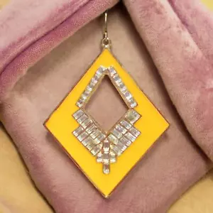 Vintage Style Enamel Mustard Yellow Rhinestones Geometric Dangle Earring - Picture 1 of 4