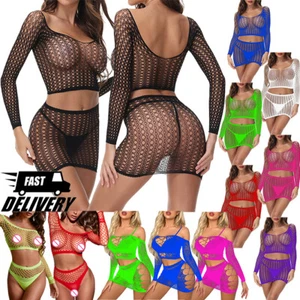 Women Sexy Fishnet Lingerie 2pcs Set Lace-Dress G String Underwear Sleepwe 、 - Picture 1 of 59
