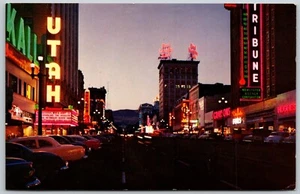 Postcard Utah Salt Lake City UT Main Street at Night - Picture 1 of 2