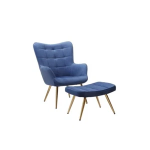 Living Room Velvet Accent Arm Chair and Ottoman Set in Blue/Gold - Picture 1 of 3
