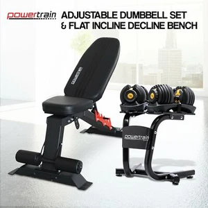 Powertrain 48KG Adjustable Dumbbell Set (Gold) & Stand with Flat Incline Decline - Picture 1 of 10