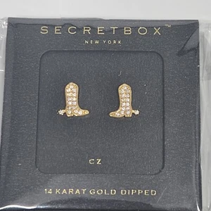Secret Box New York Cowgirl Boot Earrings CZ 14KT Gold Dipped - Picture 1 of 4