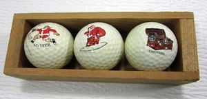Vintage Spalding Golf Balls (3) Christmas Santa Claus In Wood Display Box - Picture 1 of 6