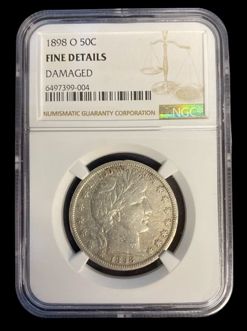 1898-O Barber Half Dollar ~ SILVER ~ NGC ~ Fine Details (Damaged) Obv. Rim. Dent Cover