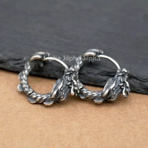 Mens Huggie Hoop Earrings Oriental Dragon Retro Sterling Silver A4622 - Picture 1 of 9