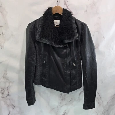 Miss Me Jacket Women Medium Black Faux Fur Vegan Leather Crop Vintage Y2K Moto  - Image 1 of 4