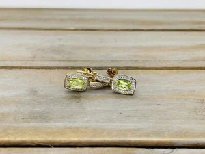 Sterling Silver Gold Plated 1ctw Checked Peridot & Diamond Dangle Drop Earrings - Picture 1 of 5