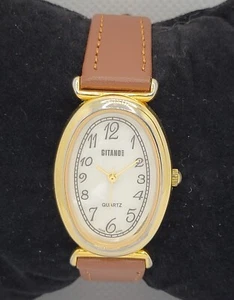 Damen Gitano oval goldfarbenes Etui weißes Zifferblatt braunes Lederarmband Uhr L5 - Bild 1 von 9