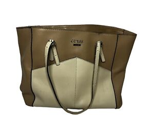 GUESS-Beige/White Handbag With Handle Straps.