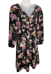 Vintage Ann Taylor Loft Kleid gesmokt V-Ausschnitt XS schwarz bunt Blumen Whimsy Goth - Bild 1 von 9