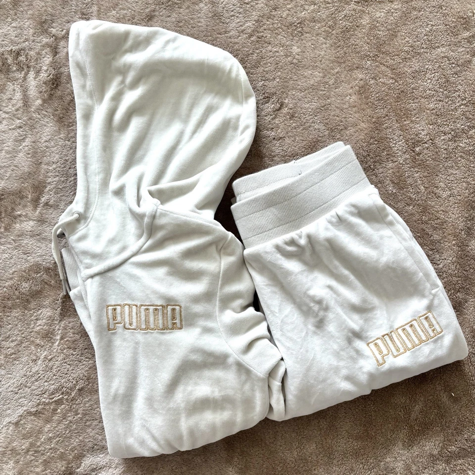 Puma Velour Tracksuit Hoodie And Joggers Womens Size XS Cream Gold Coords - Image 1 of 4