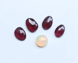 Mix Set Gemstone Natural Opal Cabochon & Rhodolite Rose Cut Faceted , 8To10MM - Picture 1 of 9