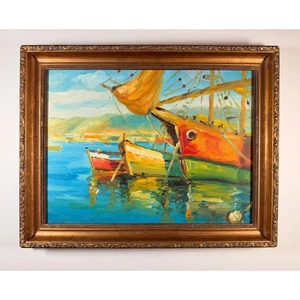 Lebendige Meereslandschaft Ölgemälde Segelboote Hafen Wandbild - Bild 1 von 9