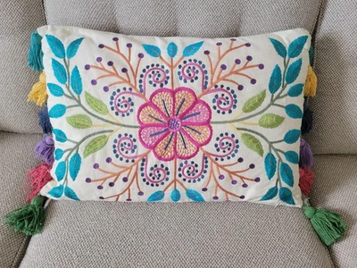 Boho Embroidered Floral Lumbar Throw Pillow Multicolor Tassels Cotton Accent - Image 1 of 4
