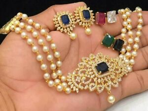 Indian Bollywood Gold Plated Kundan Choker Necklace Bridal Pearl CZ Jewelry Sets