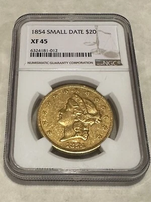 Moneda de oro de $20 Liberty Double Eagle 1854 XF45 NGC muy buen atractivo (sin graduación profesional) Foto 1 de 2