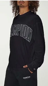 Champion Mens Black XL Cotton Long Sleeve T Shirt Top Embroidered Logo Crew Neck - Picture 1 of 5