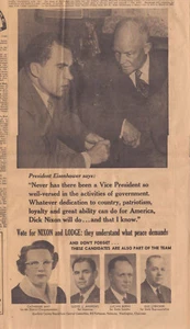 1960  Nixon Presidential Campaign Newspaper Print Ad. Eisenhower endorsement - Picture 1 of 1