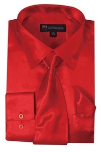 Camisa de vestir de satén de calidad de moda para hombre con corbata y pañuelo rojo Milano SG08 - Imagen 1 de 4
