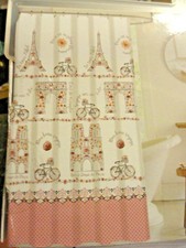 13 pc PARIS Peach Pink Flowers White~Eiffel Tower Bikes fabric SHOWER CURTAIN 