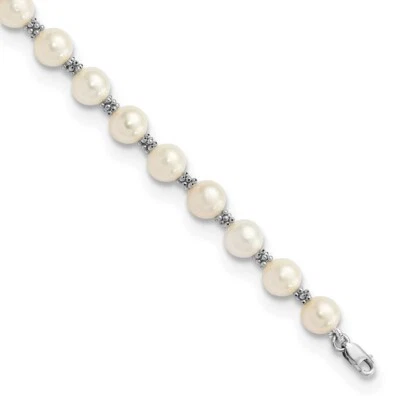 Pulseira de corrente de pérolas cultivadas em água doce redonda branca de ouro branco 14K real 6-7 mm - Imagem 1 de 4